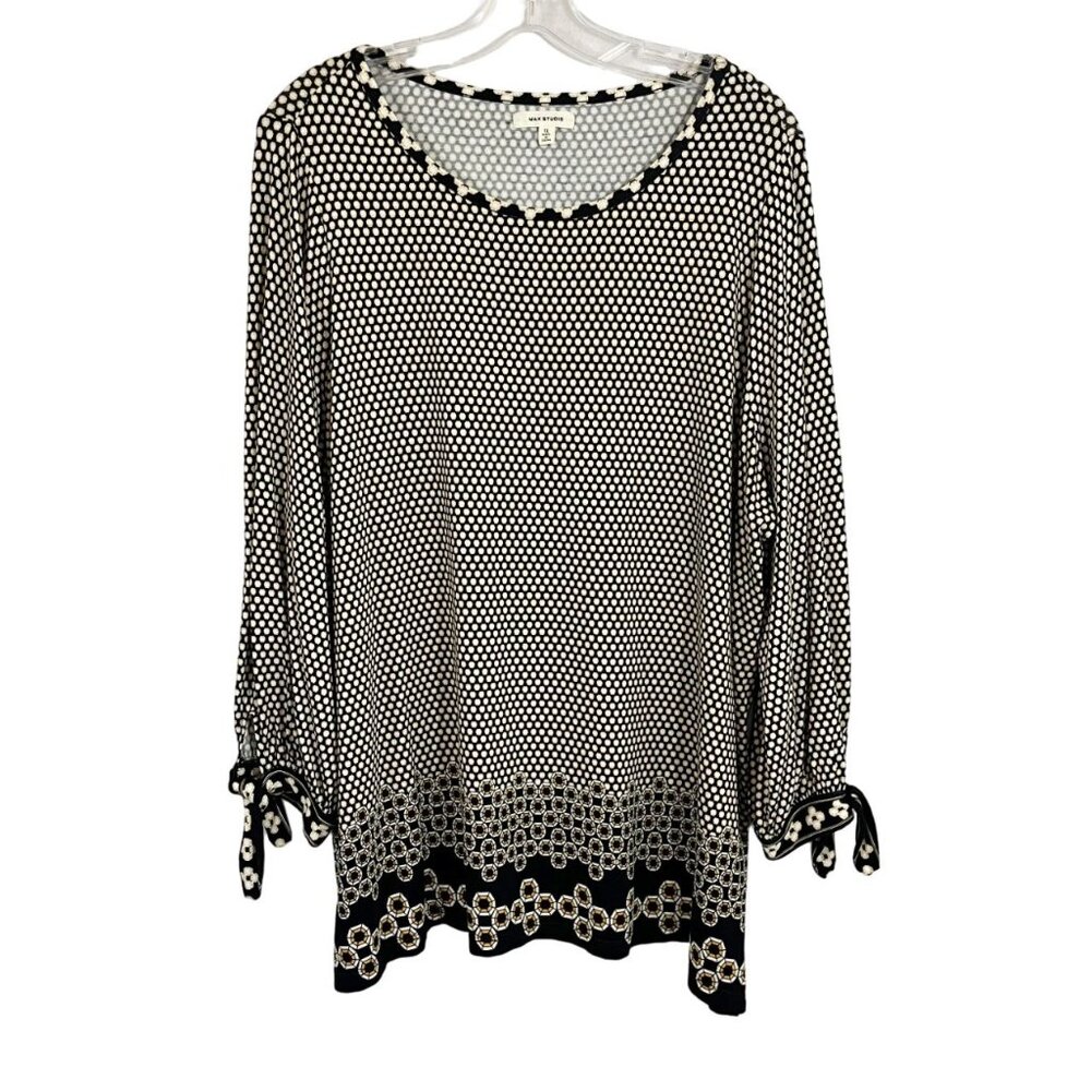 Max‎ Studio Geometric Jersey Knit Long Sleeve Top Black Yellow Size 1X